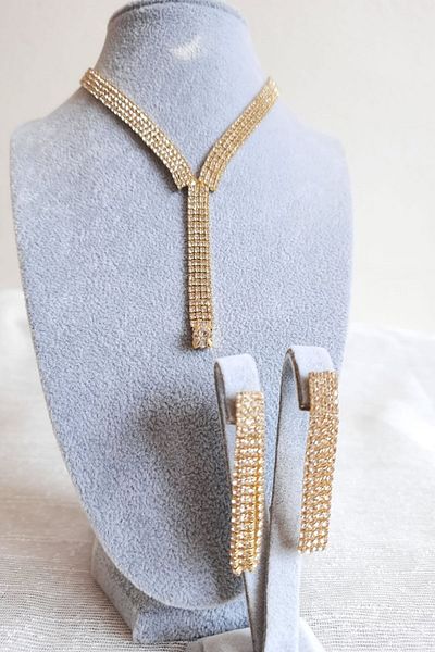 BB wikiki Shiny Rhinestone Four Row Dangle Model Gold Necklace Earrings