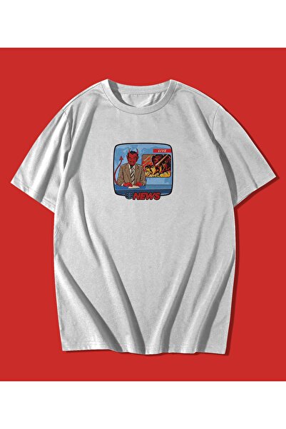 rebelberi Tricou oversize unisex cu tematică sarcastică Devil Tv alb imprimat