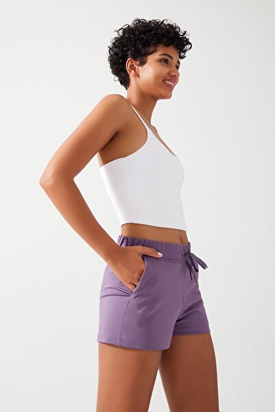 Los Ojos Kadın Lila Cepli Beli Lastikli Basic Fit Spor Şort Shorts