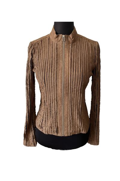 asus deri سترة نسائية من جلد الغزال الأصلي المطبوع باللون البني من Sofi