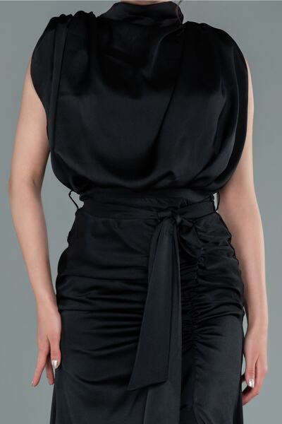 Abiyefon Siyah Dik Yaka Kolsuz Uzun Saten Abiye Elbise Abu2133