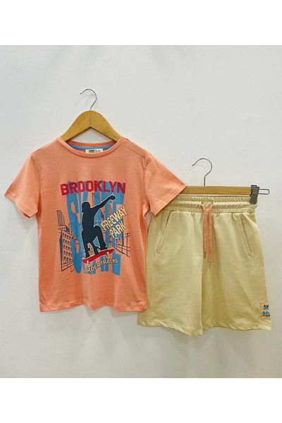 Çikoby Boy's Short Sleeve T-Shirt Beige Shorts Set