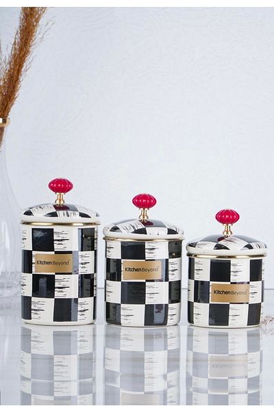 ACAR XAP-21-0516 Qualita King Enamel 3 Piece Checkerboard Spice Jar Set