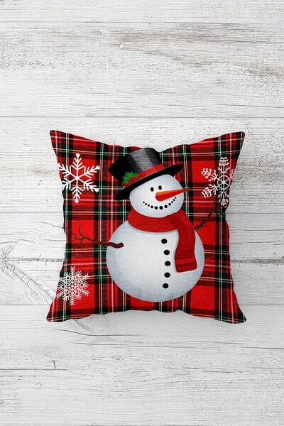 Pelangi Kardan Adam Kar Taneli Ekoseli Çift Taraflı Gizli Fermuarlı Yastık Kı...