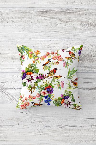 Pelangi Colorful Flowers Hummingbird Double Sided Printed Hidden Zipper Throw Pillow Seat Cushion Cover