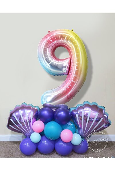 PARTİAVM Mermaid Seashell Balloon Welcome Set 76cm Rainbow Colored Number Bal...