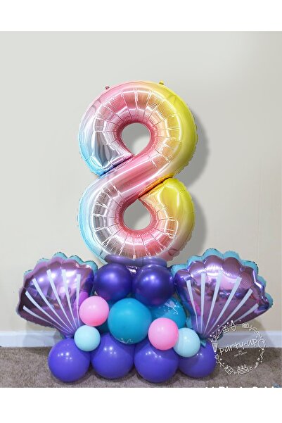 PARTİAVM Mermaid Seashell Balloon Welcome Set 76cm Rainbow Colored Number Bal...
