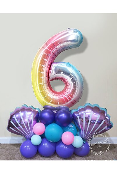 PARTİAVM Mermaid Seashell Balloon Welcome Set 76cm Rainbow Colored Number Bal...