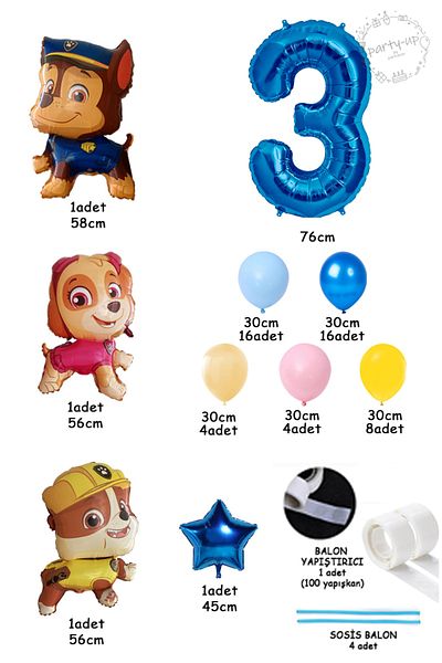 PARTİAVM Paw Patrol Balloon Paw Patrol Characters Themed Welcome Set 76cm Blue Number Balloon Easy Installation