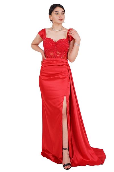 SpringStore Rochie de seara din satin transparent brodata cu piatra rosie