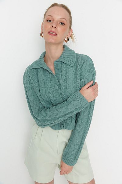 Trendyol Collection Mintfarbener Strick-Crop-Cardigan mit Polokragen – TWOAW22HI0448
