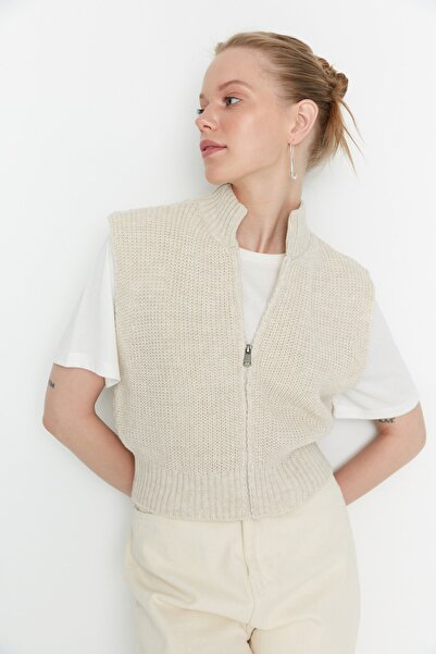 Trendyol Collection Basic Knitwear Crop Vest - Stone, zip Twoaw23Hi0015