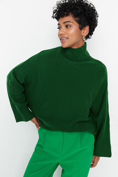 Trendyol Collection Pulover verde, moale, texturat, cu croiala largă, tricotaje TWOAW20KZ1059