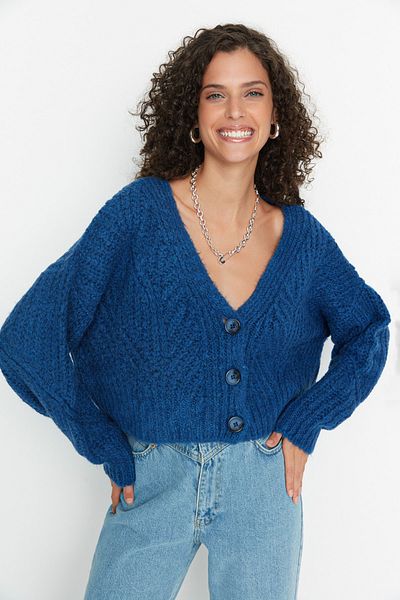 Trendyol Collection Puha textúrájú indigó termés kötött kardigán - TWOAW21HI0017
