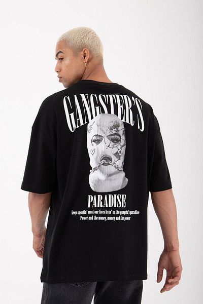 Benisengiydir Мъжка черна памучна тениска с кръгло деколте с щампа Gangster's Paradise