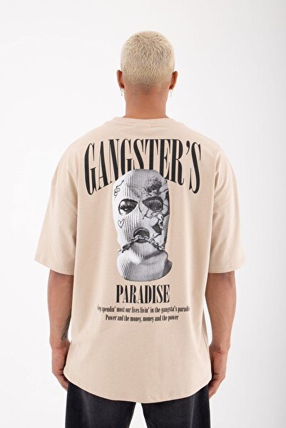 Black Sokak Pánské béžové tričko Gangster's Paradise Printed Oversize Cotton Crew Neck Neck