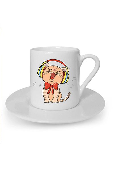 Kumbara Hediyelik White Turkish Coffee Cup with Cat Printed Listening to Music