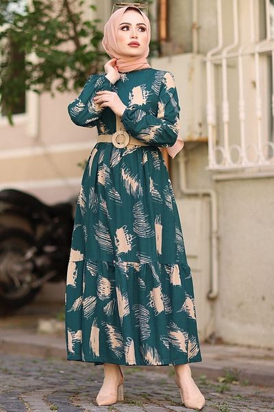 InStyle Сукня з поясом Tesettur з пензликом Бензинова зелена