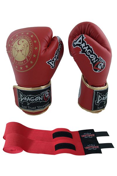 Dragon Martina Muay Thai Federation Approved Sparring Gloves and Whiteface Bandage Set of 2
