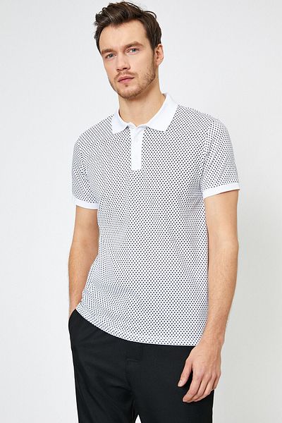 Koton Graues Herren-T-Shirt mit Polokragen und geometrischem Muster in schmaler Passform