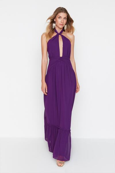 Trendyol Collection Rochie de seară lungă cu volane mov TPRSS22AE0159