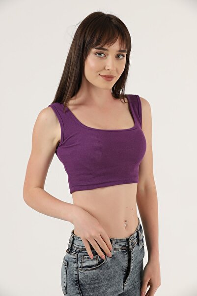 TİODES Women's Plum Thick Strap Corded Crop Blouse