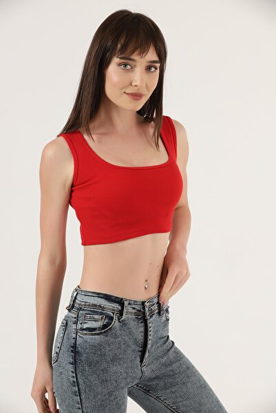 TİODES Women's Red Thick Strap Corded Crop Blouse