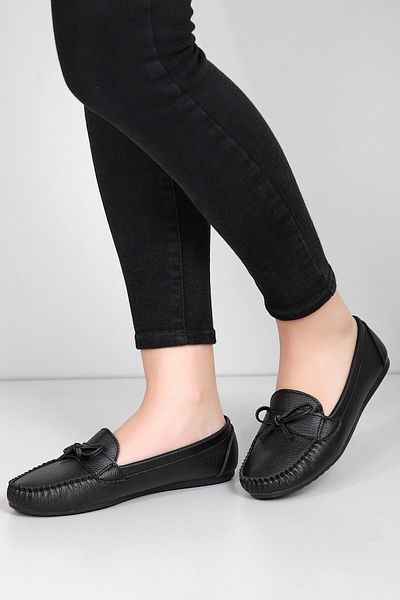 GÖNDERİ(R) Black Heel Round Toe Flat Sole Bow Women's Ballerinas 30100