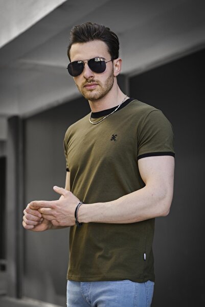 Oksit Riad Slim Fit Мъжка тениска от ликра с детайли от бродерия и кантове на...