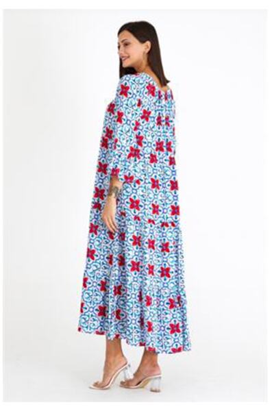 AYASOFYA OTANTIK Γυναικείο Μακρύ Φόρεμα με Λουλούδια Λευκό - Μπλε Λουλούδι με μανίκια