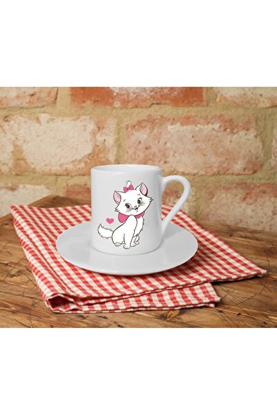 Generic Brand White Cat Printed Turkish Coffee Cup with Krdal