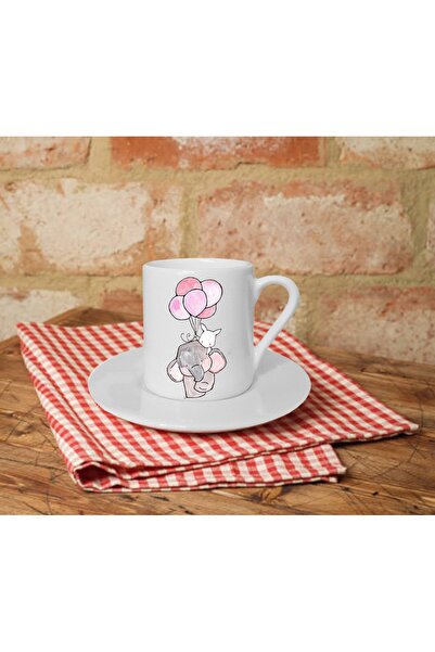 Generic Brand White Turkish Coffee Cup - Elephant and Rabbit Printed