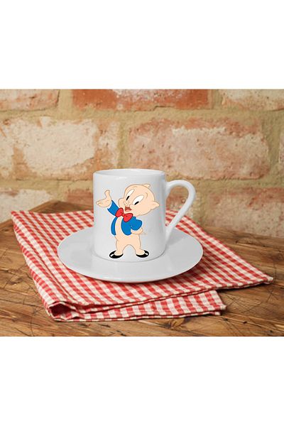 Kumbara Hediyelik Porky Pig Printed White Turkish Coffee Cup