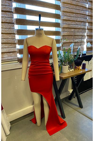 Secret Passion Lingerie Red Strapless Neckline Floor Detailed New Season Flexible Fabric Slit Long Dress 582159 696