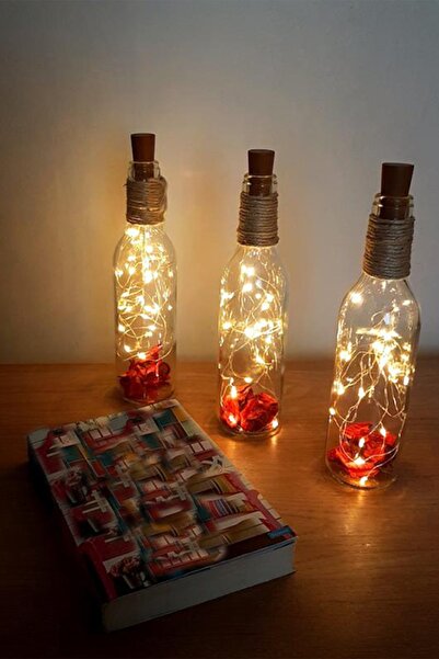 YUBBOX Led Işıklı Mantar Tıpalı Cam Şişe 3 Adet Set, Masa Ve Gece Lambası Ev ...