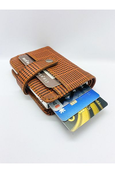 MKM Plaid Patterned Tan Men's Card Holder Wallet with Automatic Mechanism
