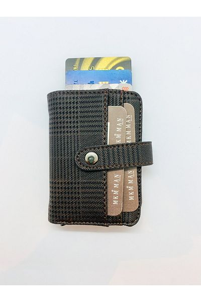 MKM Plaid Patterned Brown Men's Card Holder Wallet with Automatic Mechanism