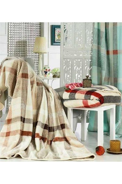 TARZEV Mink 1084 Geometric Plaid Pattern Brown Double Blanket