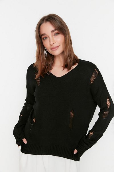 Trendyol Collection Pulover Negru Fluent Tricotaj TWOAW20FV0033