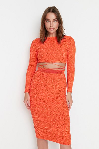 Trendyol Collection Orange Super Crop Tie részletes szoknyás kötöttáru felső és alsó készlet TWOAW22EL0543