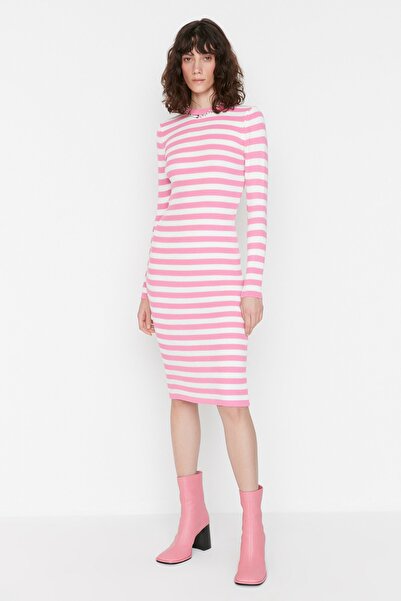 Trendyol Collection Pink Pink Body-Fitting Mini Knitwear Striped Dress TWOAW23EL00018 Dress TWOAW23EL00018