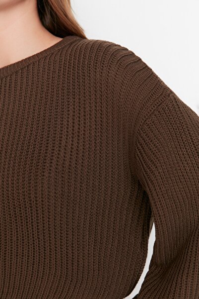 Trendyol Collection Καφέ Crop Wide Fit Ισπανικό Πλεκτό Πουλόβερ TWOAW20KZ0743