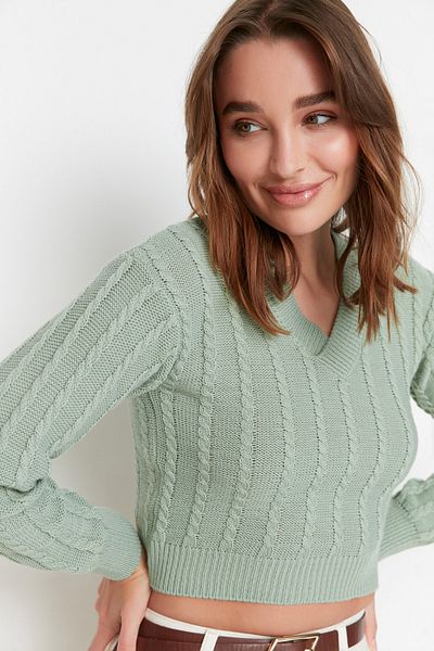 Trendyol Collection Pulover Mint Crop Knit Tricotat cu detalii TWOAW23KZ00804