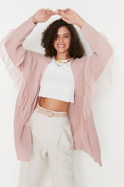 Trendyol Collection Strick-Midi-Cardigan mit Tüll-Details - Puder TWOAW20FV0048