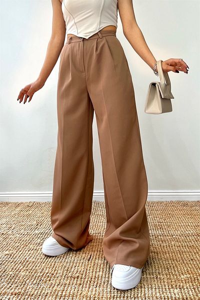 Hera Moda Women's Light Brown Pallazzo Fabric Trousers