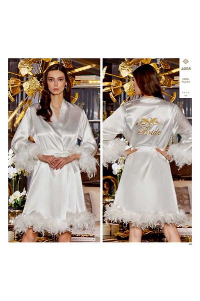 Jeremi Satin Bride Dressing Gown with Feather Detail on Sleeves