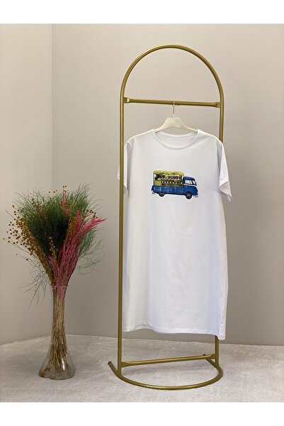 morlimo Kadın Oversize Pamuklu Çiçek Taşıyan Kamyon Baskılı T-shirt