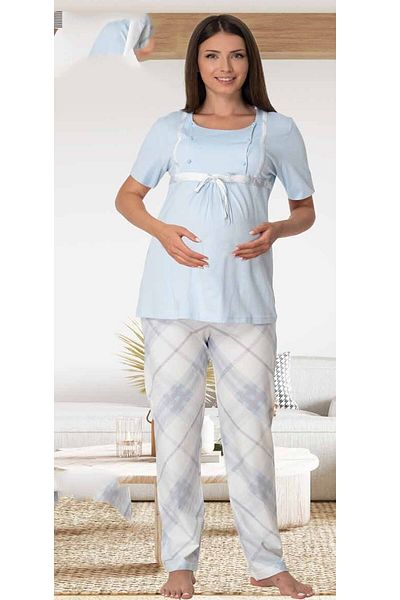 Lohussa Set de pijama de maternitate din bumbac, cu mâneci scurte, în carouri albastre