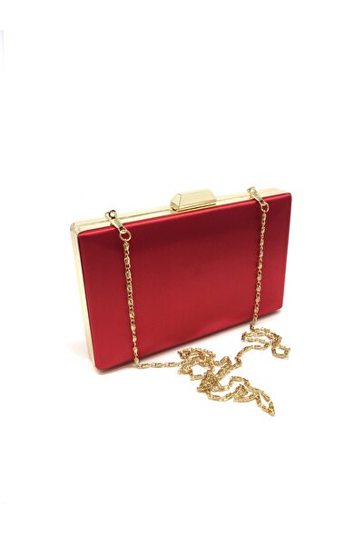 aysrbag Kırmızı Saten Abiye Çanta Gold Metal Aksesuar Zincir Askılı