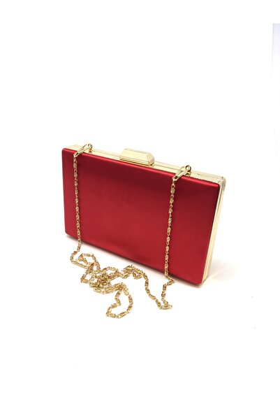 aysrbag Kırmızı Saten Abiye Çanta Gold Metal Aksesuar Zincir Askılı